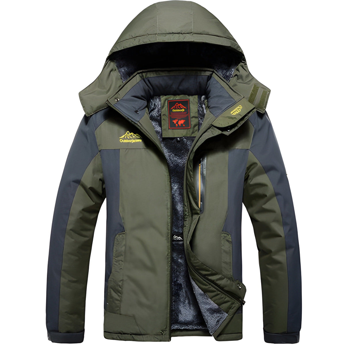 Olive green and black water-repellent hooded winter parka with fleece lining