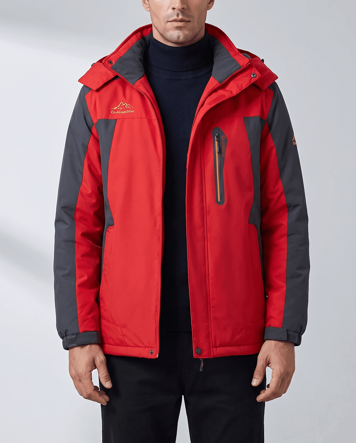 Red water-repellent hooded winter parka worn by a male model