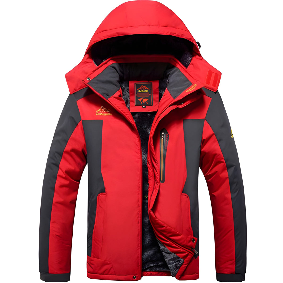 Red water-repellent hooded winter parka with fleece lining