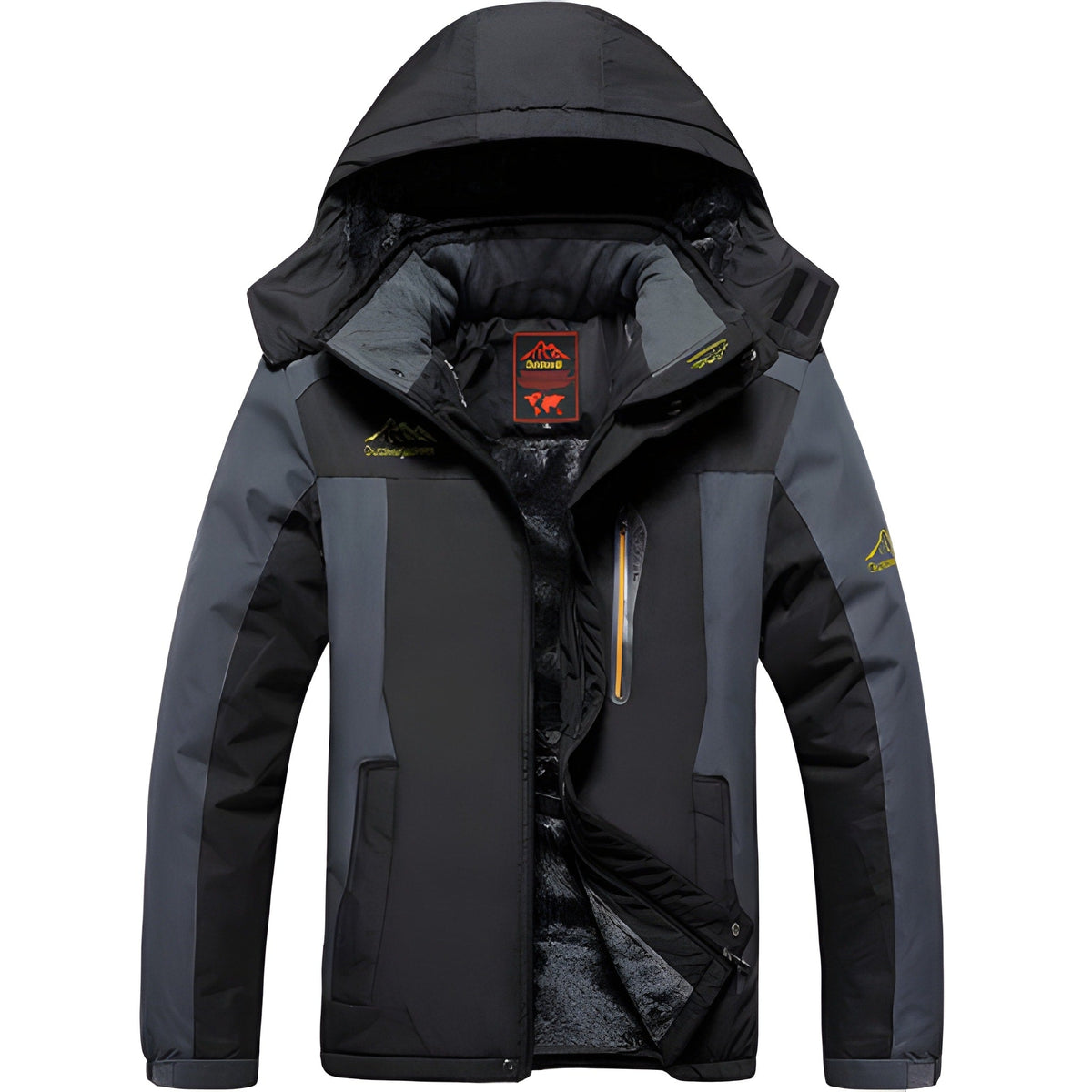 Black water-repellent hooded winter parka with fleece lining