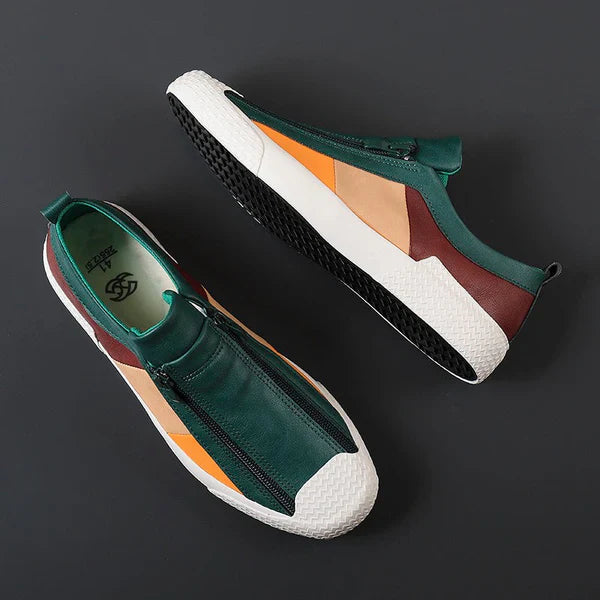 Jenson Men’s Leather Sneakers – Colorblock Dual-Zip Comfort Design