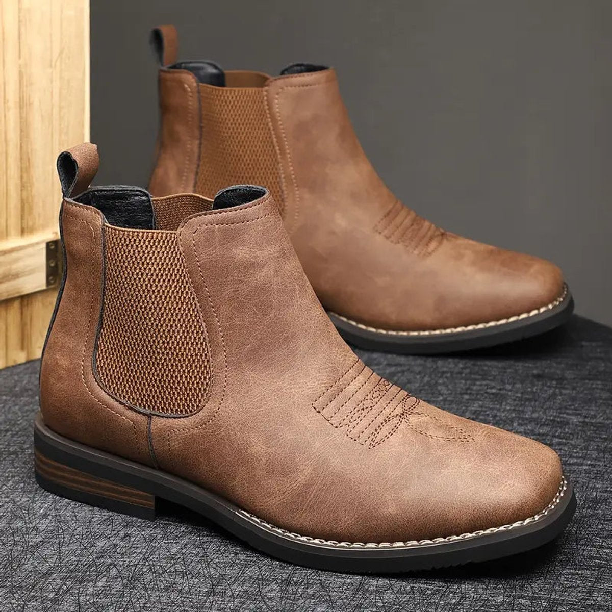 Brown wide toe box Chelsea boots for men shown as a pair, highlighting the extra room across the forefoot