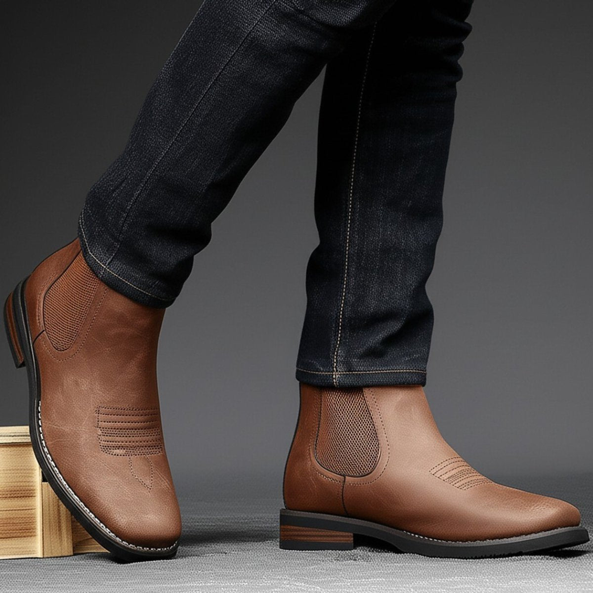 Side profile of a brown wide fit Chelsea boot for men showing the wide toe box, elastic side panel and stacked heel
