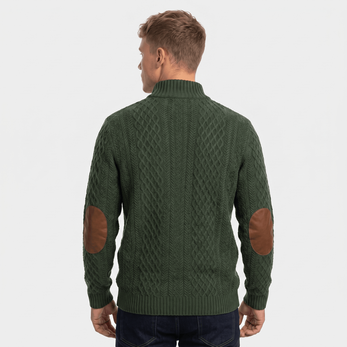 Back view of a men's green cable knit Henley sweater featuring faux suede elbow patches and a classic silhouette.