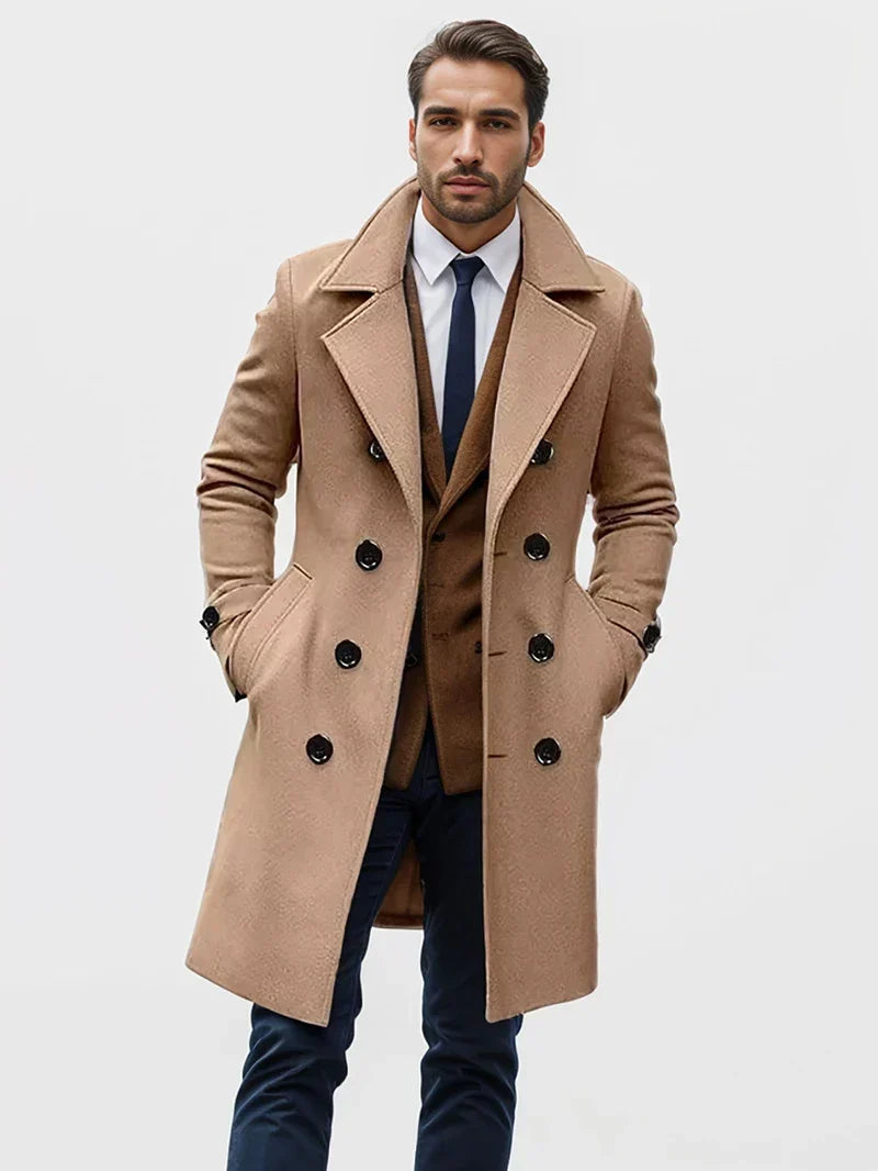 A man wearing a tan wool blend double-breasted trench coat with a tailored fit and wide lapel, front view