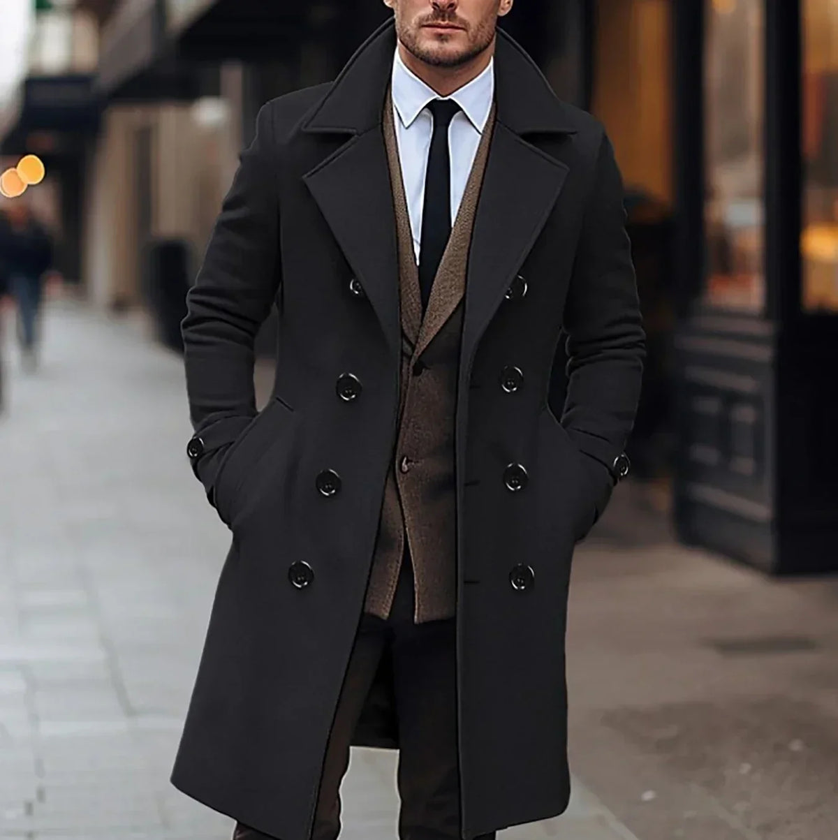 A man wearing a black wool blend double-breasted trench coat with a tailored fit and wide lapel