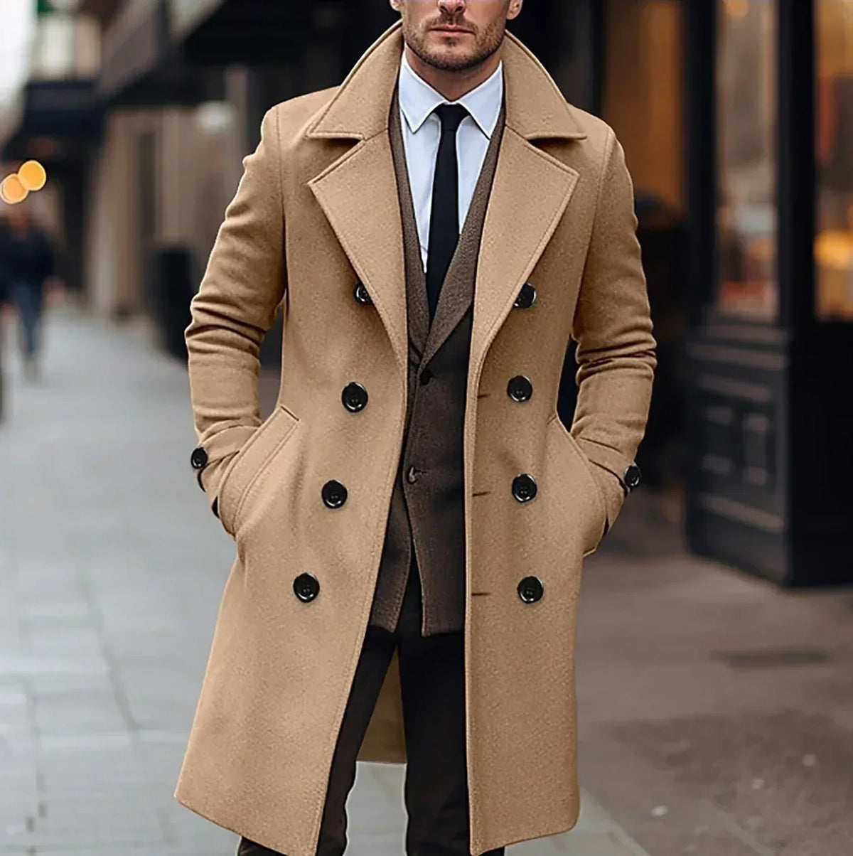 A man wearing a tan wool blend double-breasted trench coat with a tailored fit and wide lapel, front view