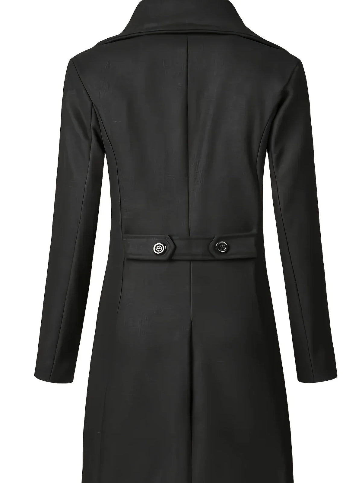 A black wool blend double-breasted trench coat with a tailored fit and wide lapel, shown from the back