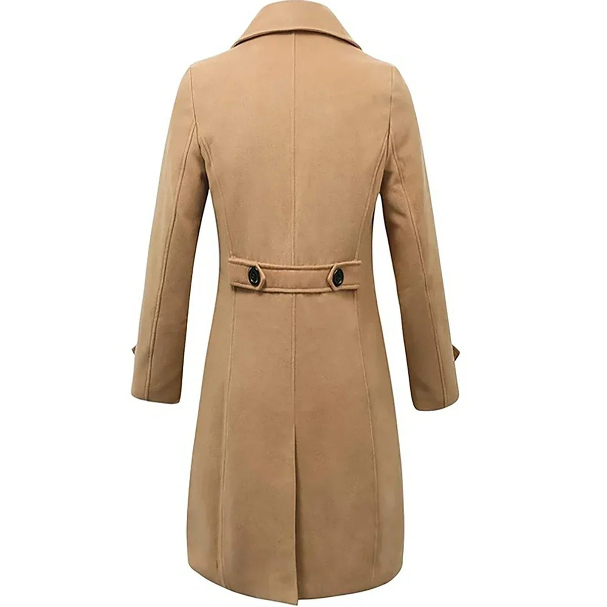 A tan wool blend double-breasted trench coat with a tailored fit and wide lapel, shown from the back