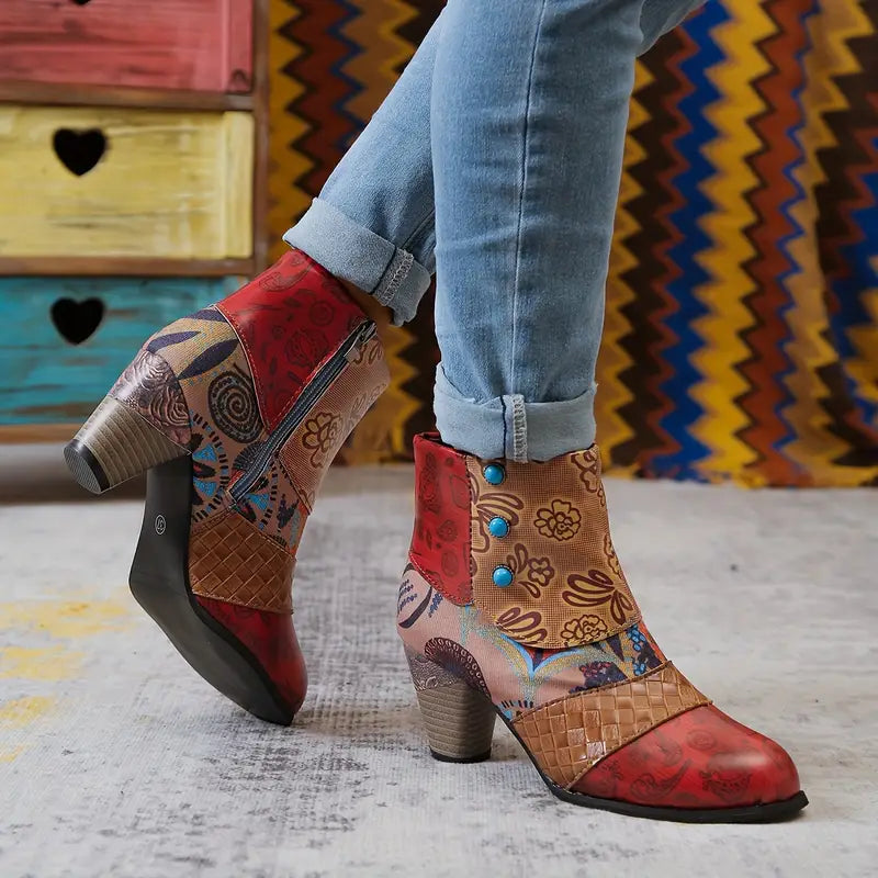 Reagan Ladies Ankle Boots – Embossed Leather with Pearl Flap & Folk Patchwork Panels