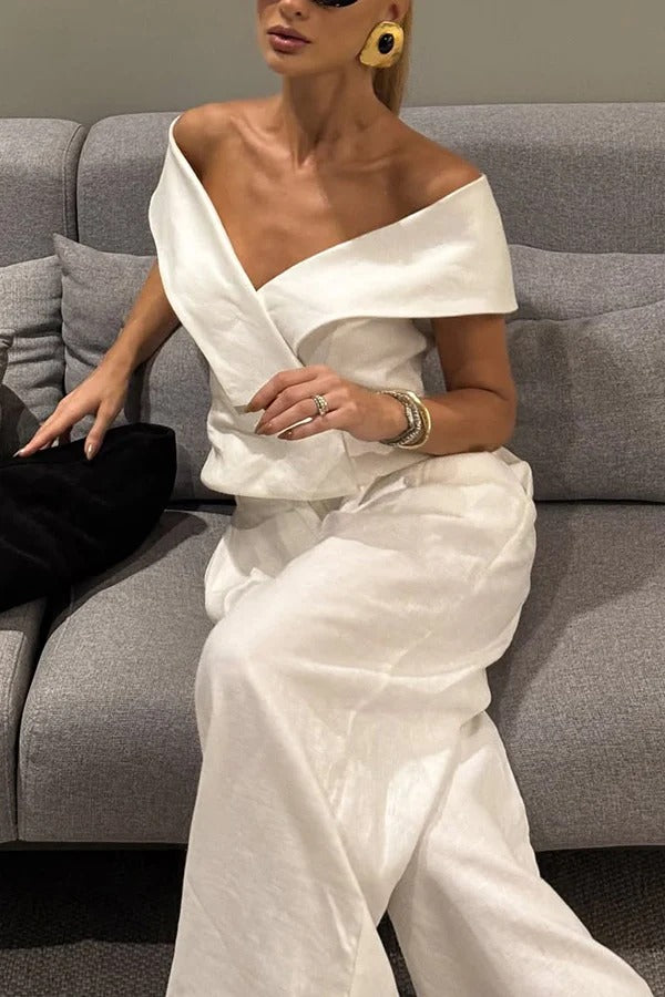 Soraya Linen Set – Off-Shoulder Top & Wide-Leg Pants for Elegant Evenings