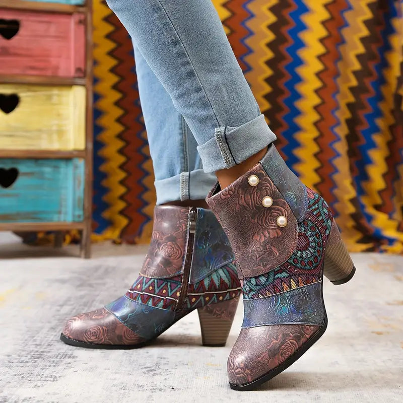 Reagan Ladies Ankle Boots – Embossed Leather with Pearl Flap & Folk Patchwork Panels