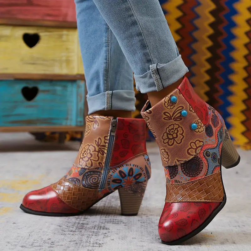 Reagan Ladies Ankle Boots – Embossed Leather with Pearl Flap & Folk Patchwork Panels