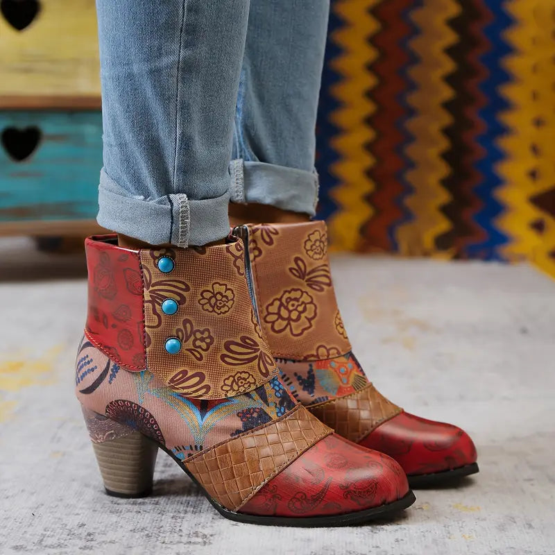 Reagan Ladies Ankle Boots – Embossed Leather with Pearl Flap & Folk Patchwork Panels
