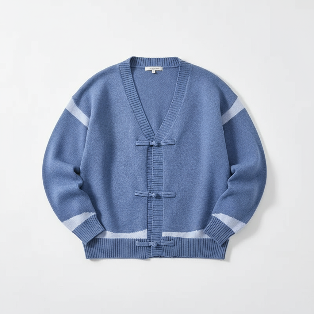 Chris Men’s Wool Cardigan – Contrast Stripe Knit with Toggle Closures
