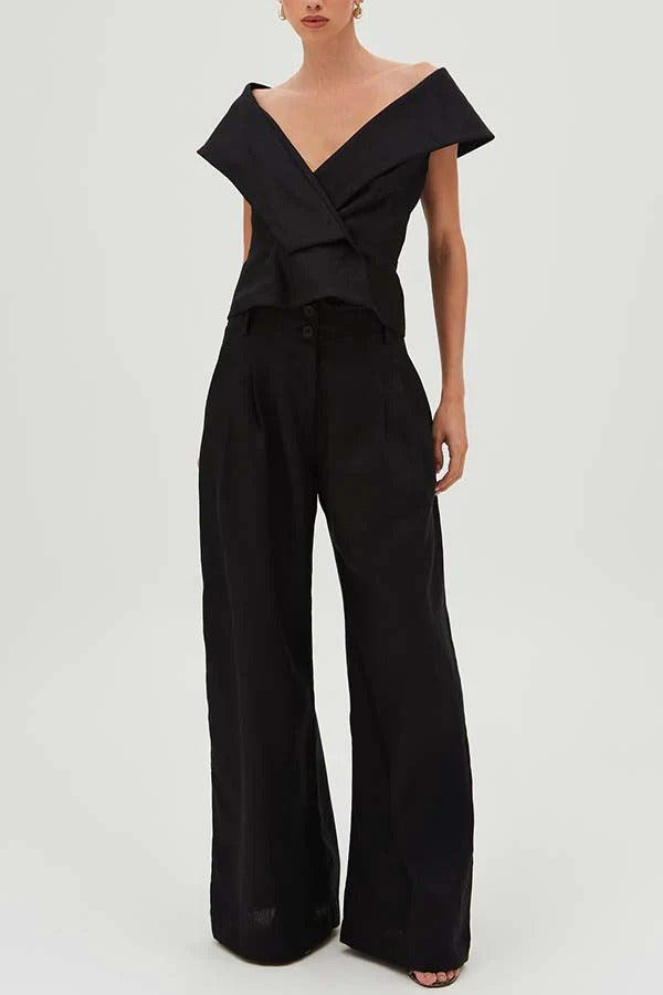 Soraya Linen Set – Off-Shoulder Top & Wide-Leg Pants for Elegant Evenings