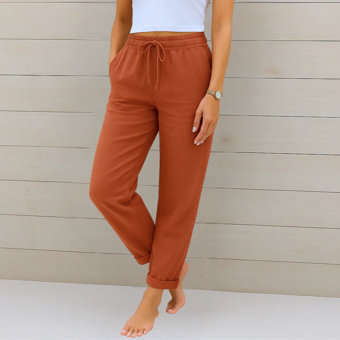 Lucia Rolled-Hem Linen Pants - Breathable Stretch Fit for Summer Comfort