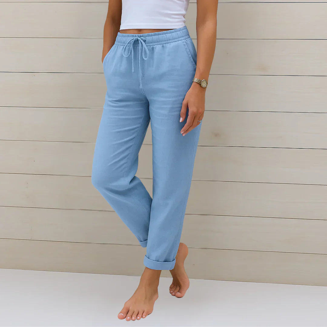 Lucia Rolled-Hem Linen Pants - Breathable Stretch Fit for Summer Comfort