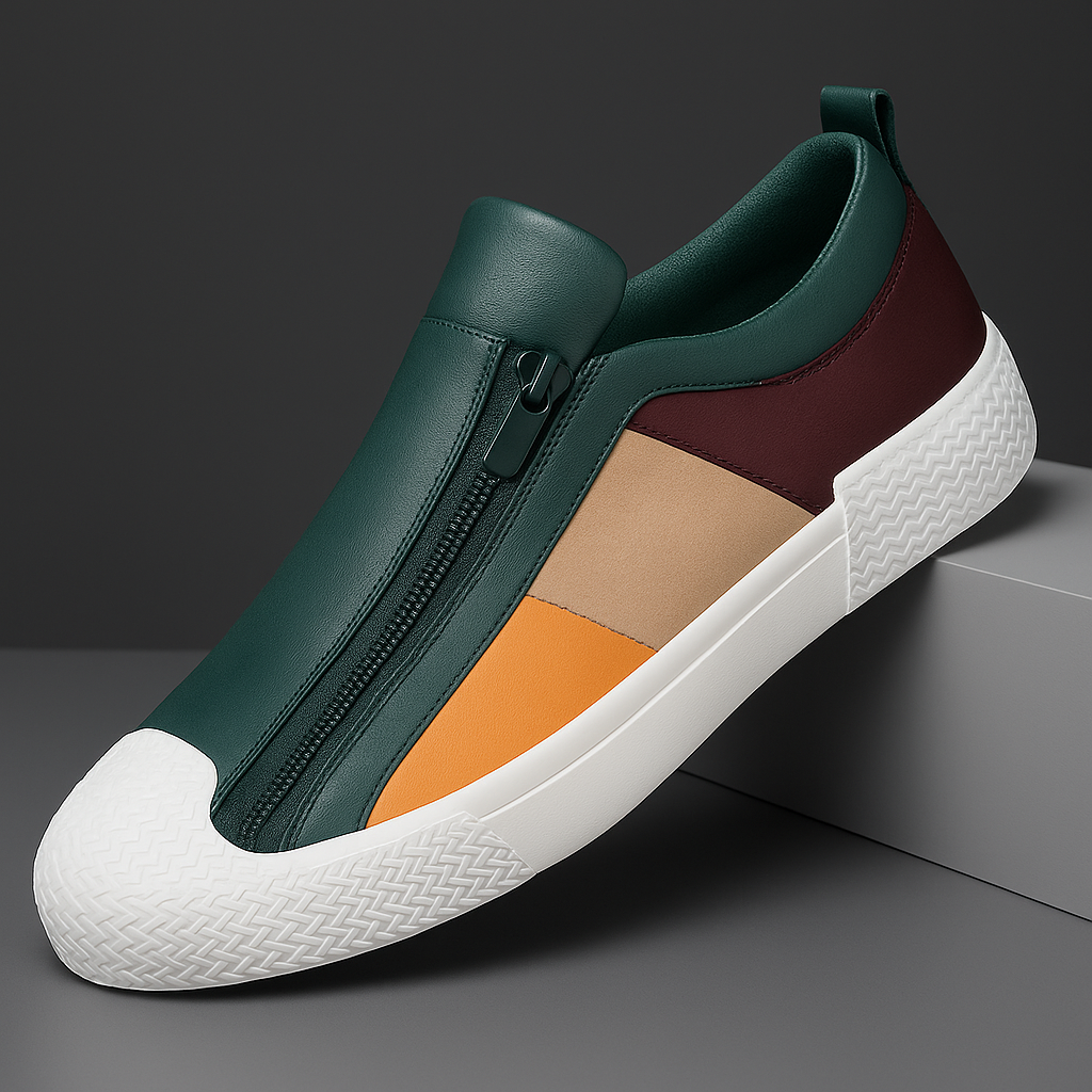 Jenson Men’s Leather Sneakers – Colorblock Dual-Zip Comfort Design