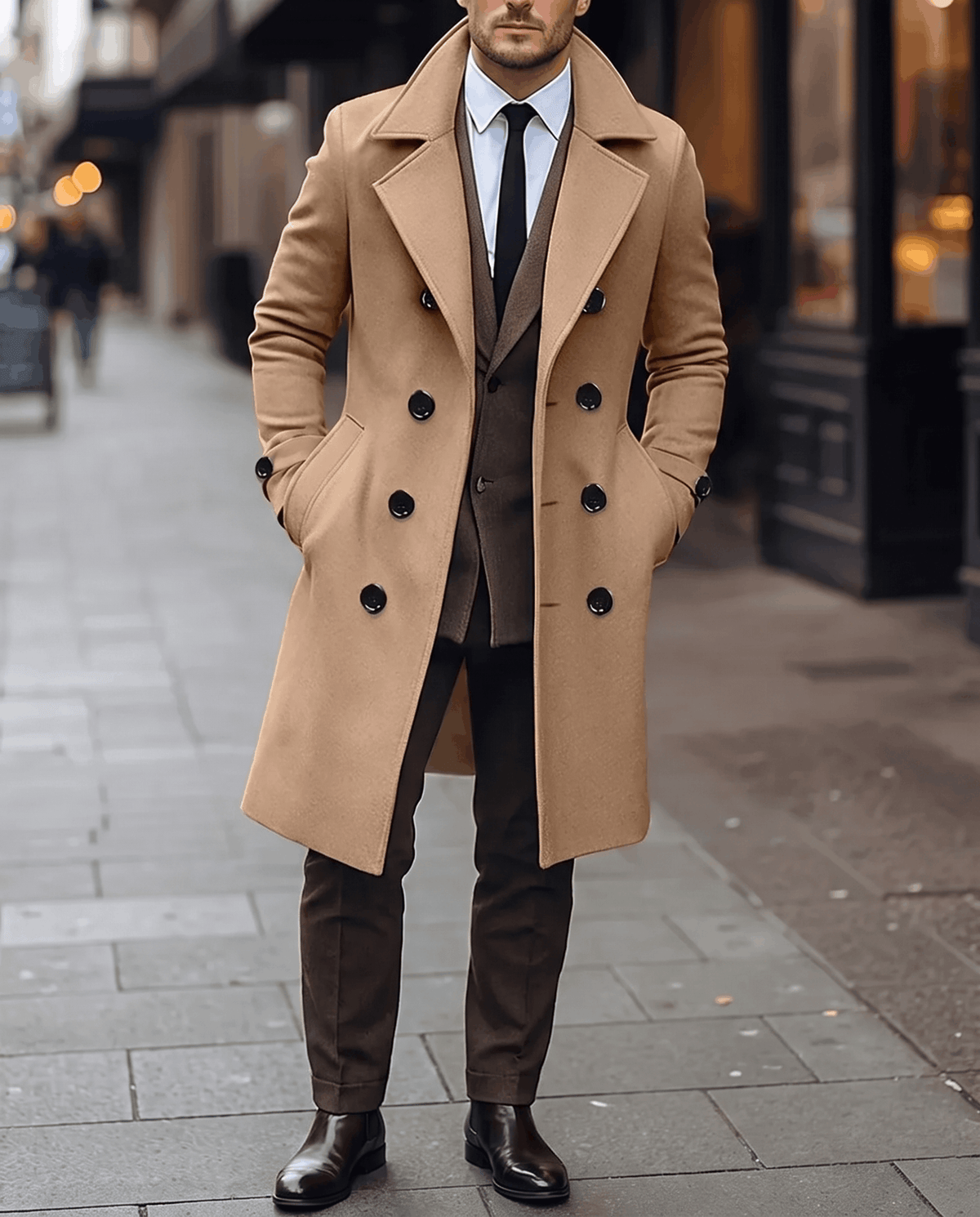 A man wearing a tan wool blend double-breasted trench coat with a tailored fit and wide lapel, walking on a city street