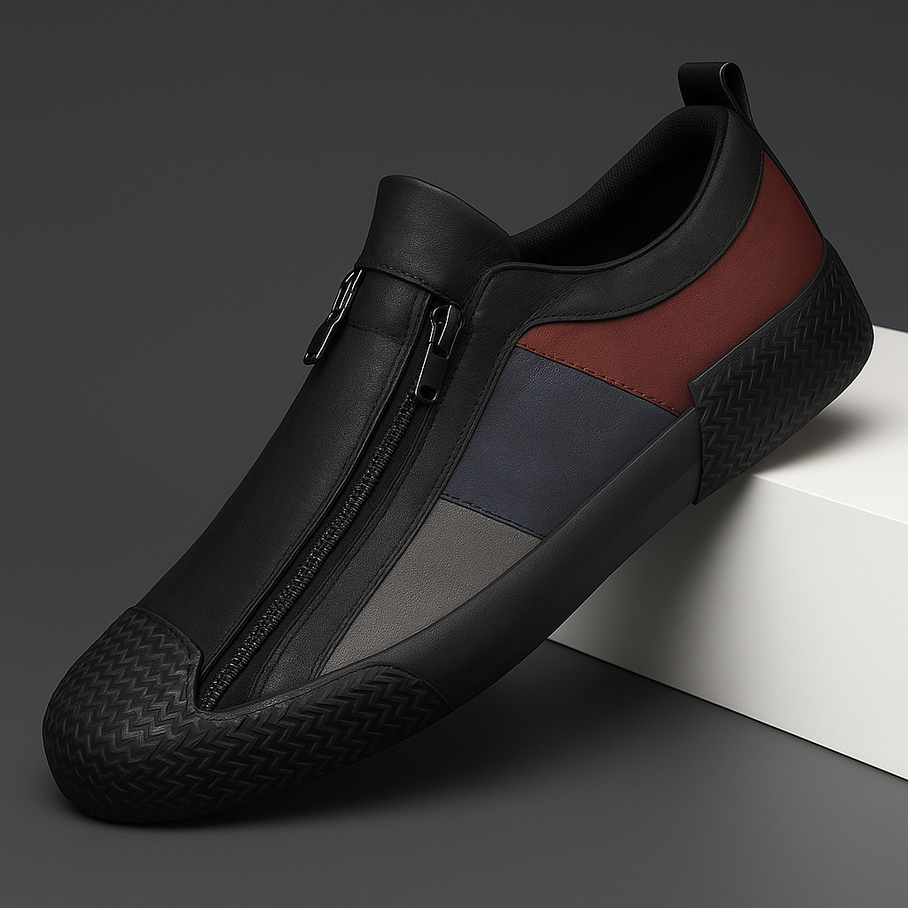 Jenson Men’s Leather Sneakers – Colorblock Dual-Zip Comfort Design
