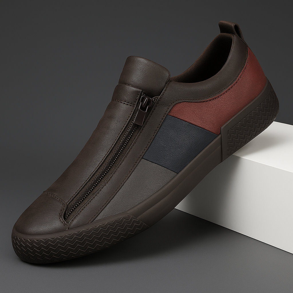 Jenson Men’s Leather Sneakers – Colorblock Dual-Zip Comfort Design