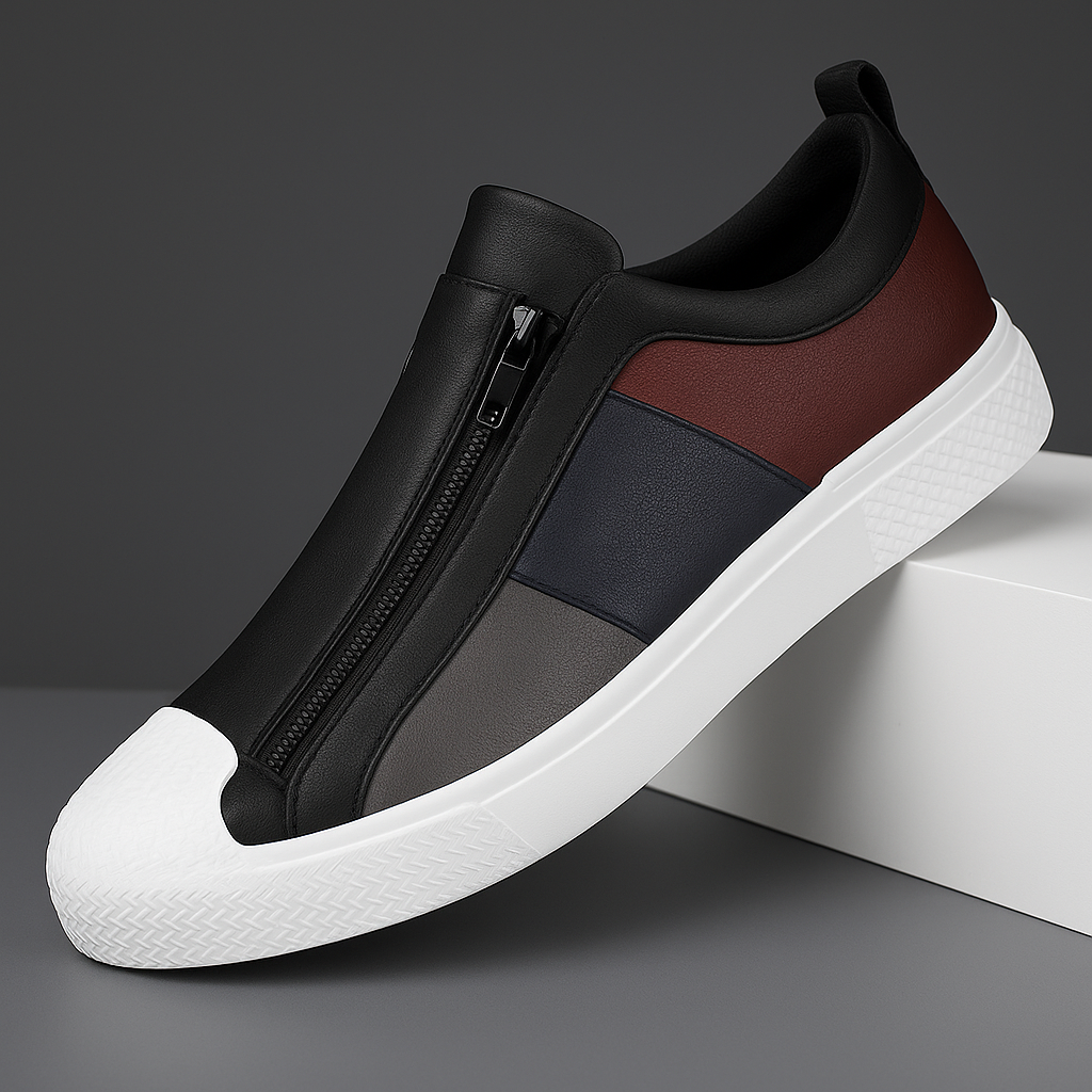 Jenson Men’s Leather Sneakers – Colorblock Dual-Zip Comfort Design