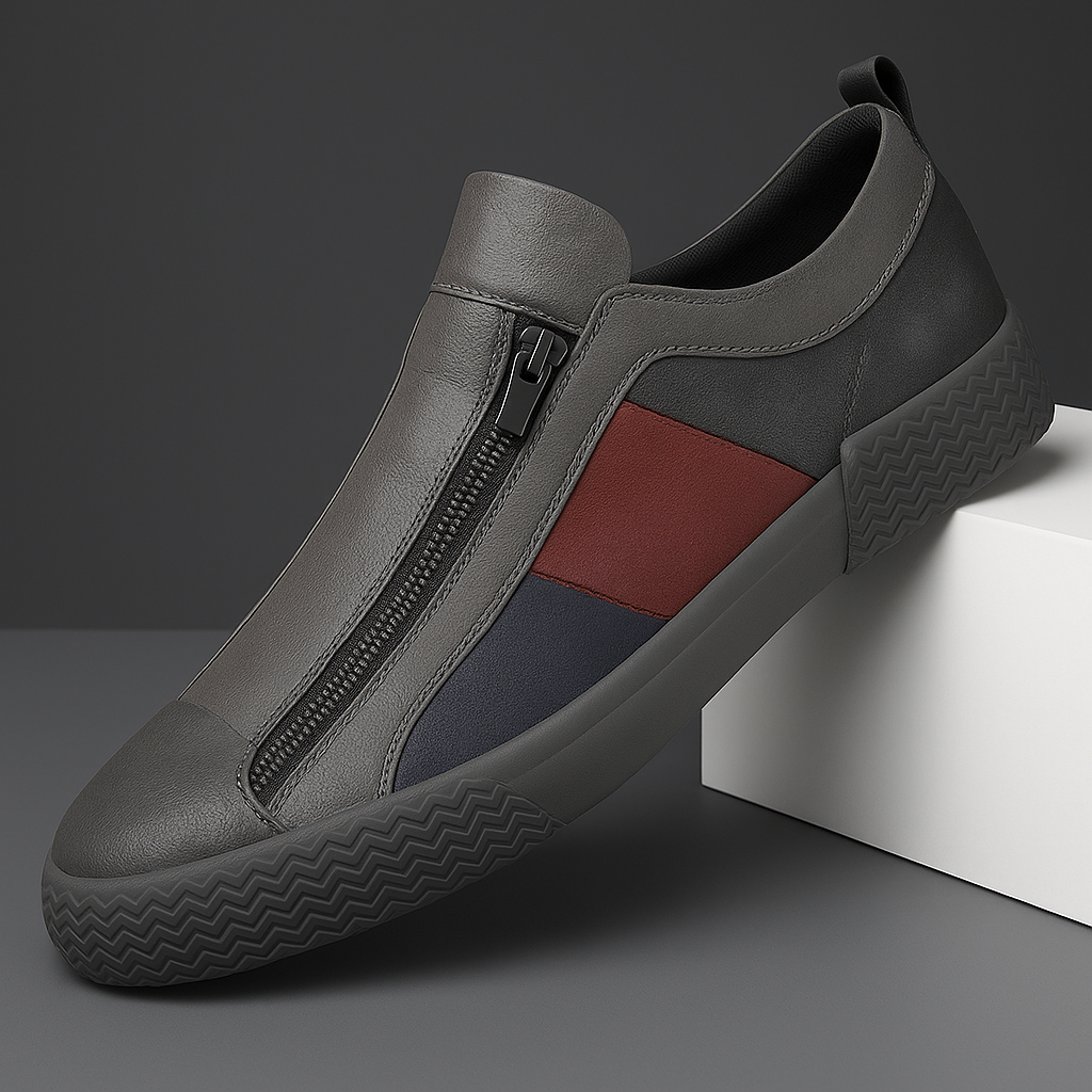 Jenson Men’s Leather Sneakers – Colorblock Dual-Zip Comfort Design