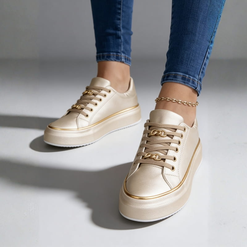 Aria Belmont Chain Platform Sneakers - Leather Statement Casual Shoes