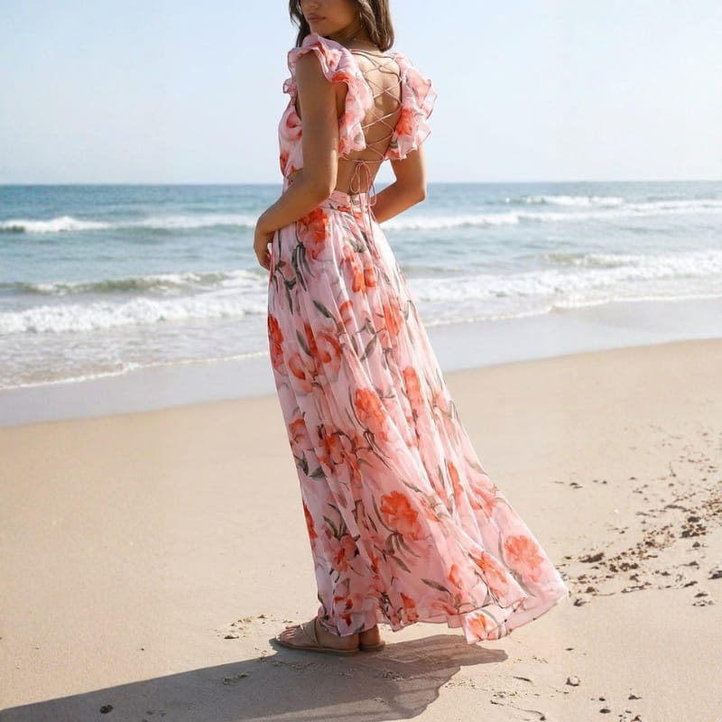 Aleson Women's Backless Floral Maxi Dress – Lightweight Open Back Summer Dress