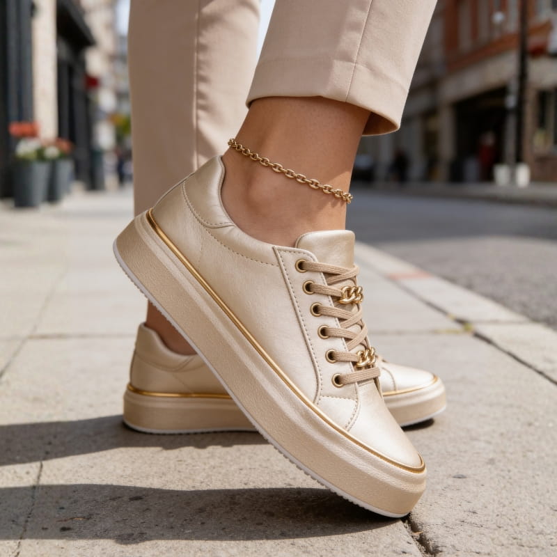 Aria Belmont Chain Platform Sneakers - Leather Statement Casual Shoes