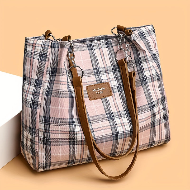 Eleanor Plaid Shoulder Tote Bag – Structured Canvas Carryall