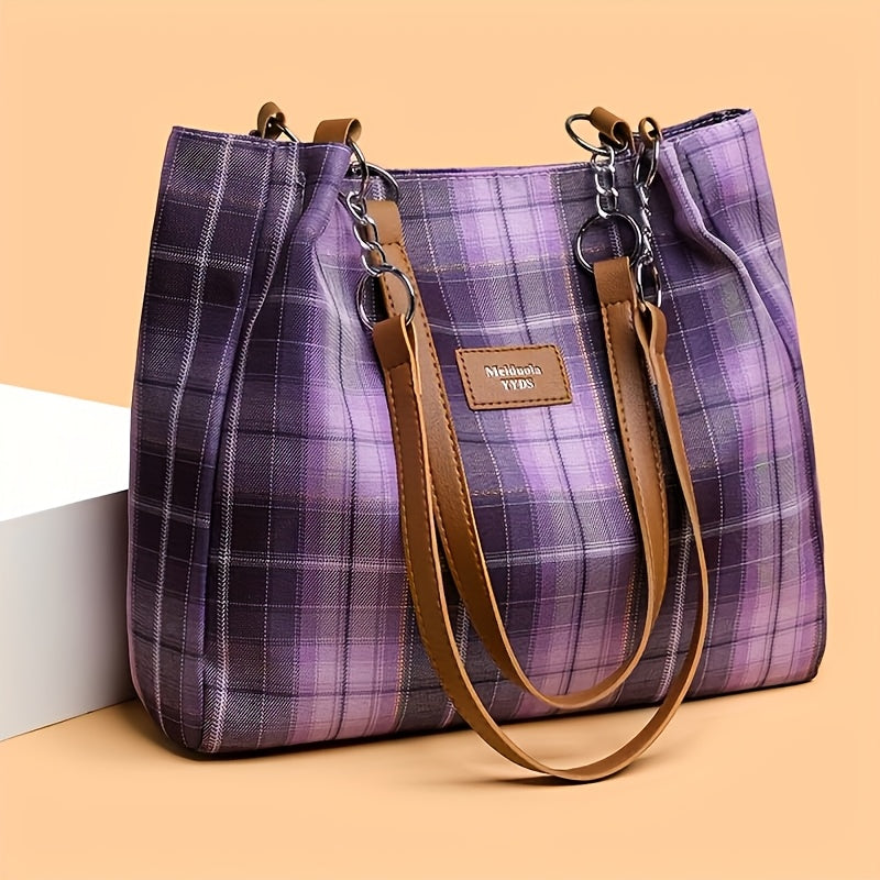 Eleanor Plaid Shoulder Tote Bag – Structured Canvas Carryall