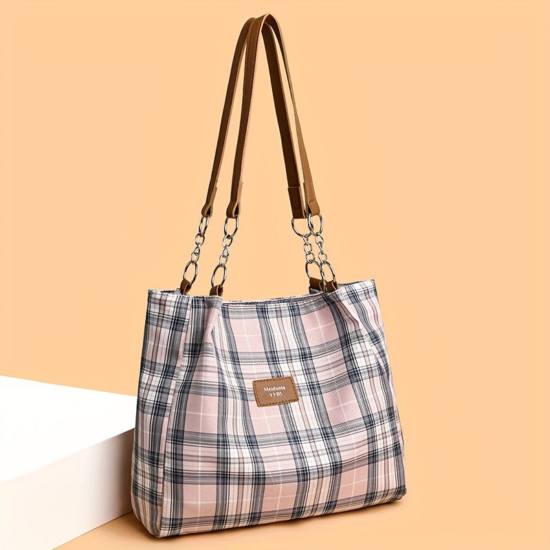 Eleanor Plaid Shoulder Tote Bag – Structured Canvas Carryall