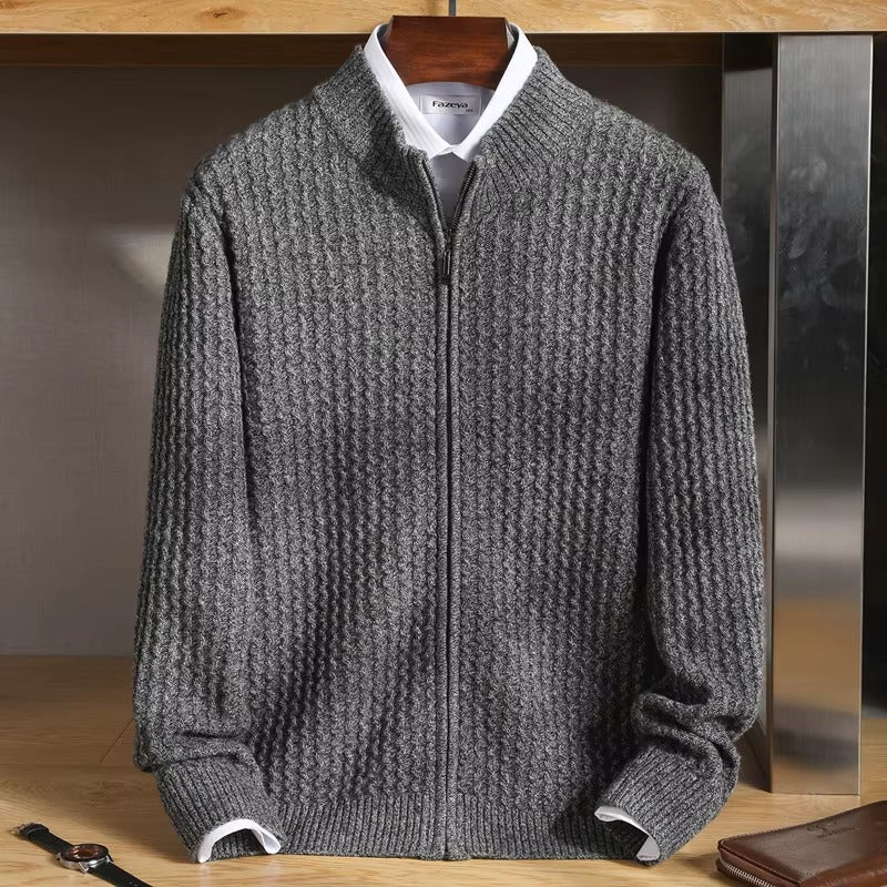 Esteban Men’s Zip Sweater – Merino Wool with Waffle-Knit Texture