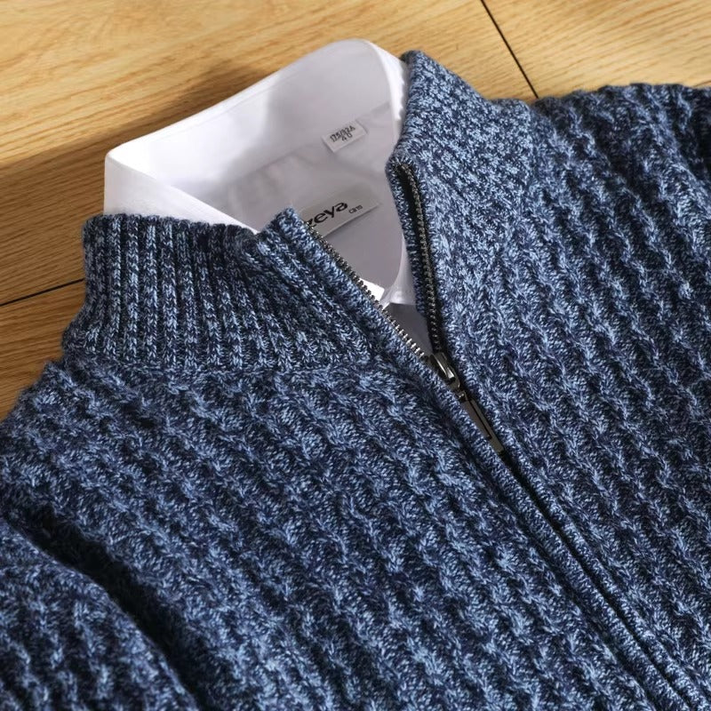 Esteban Men’s Zip Sweater – Merino Wool with Waffle-Knit Texture