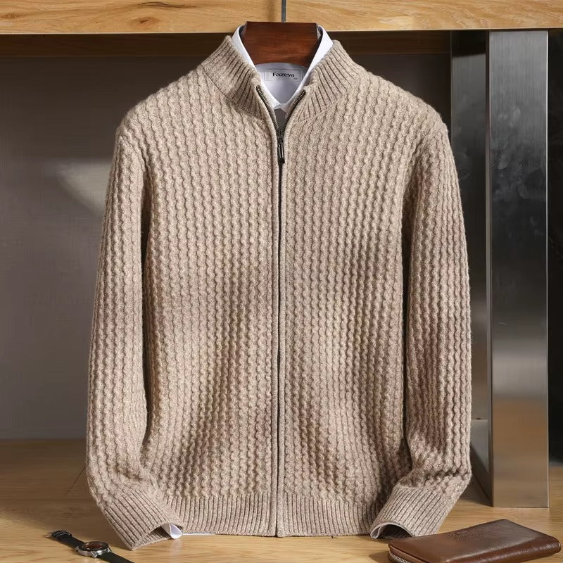 Esteban Men’s Zip Sweater – Merino Wool with Waffle-Knit Texture