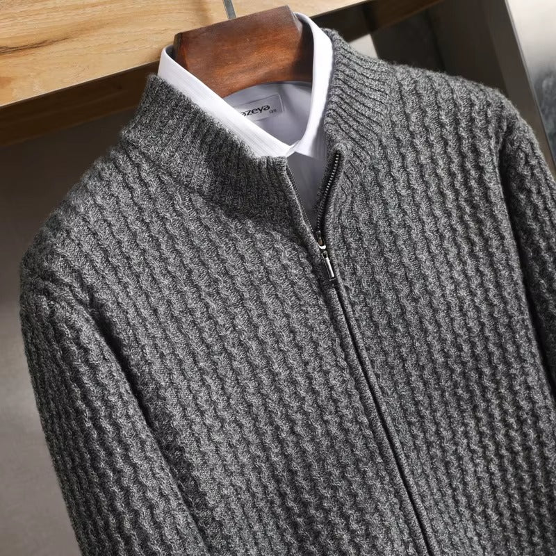 Esteban Men’s Zip Sweater – Merino Wool with Waffle-Knit Texture