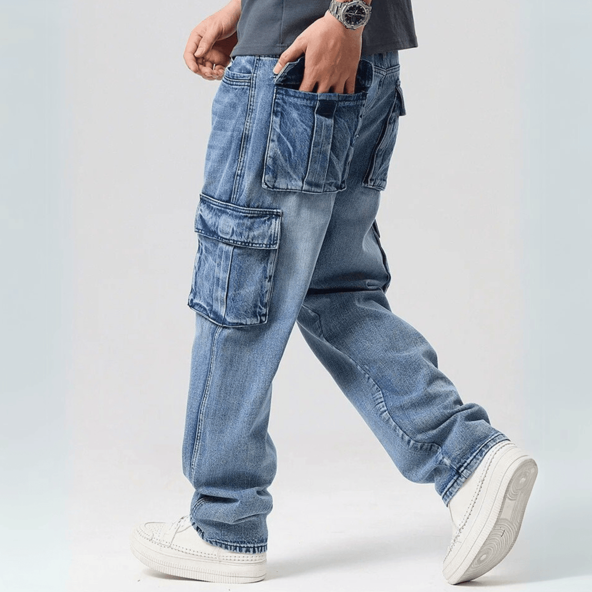Vincent Denim Cargo Pants – Stretch Cotton Utility Jeans with Tapered Fit