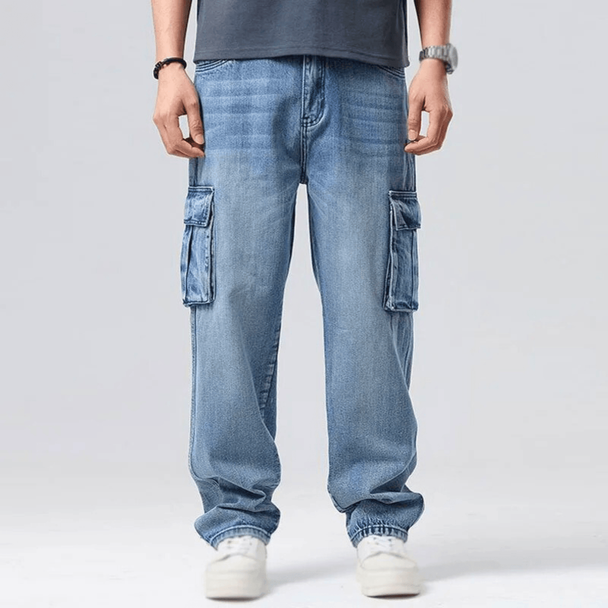 Vincent Denim Cargo Pants – Stretch Cotton Utility Jeans with Tapered Fit