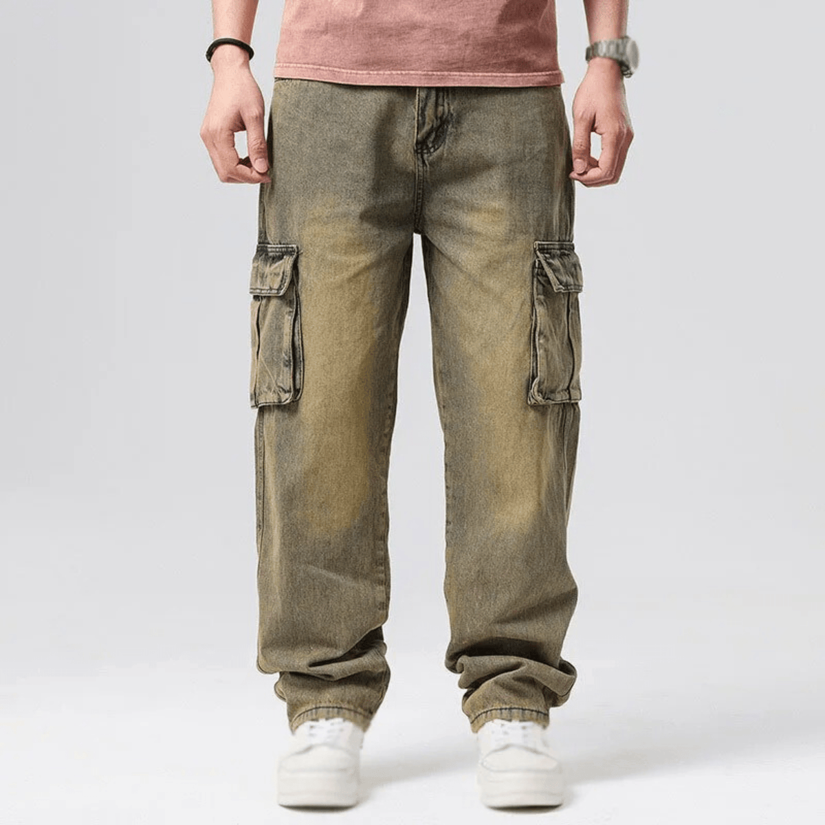 Vincent Denim Cargo Pants – Stretch Cotton Utility Jeans with Tapered Fit